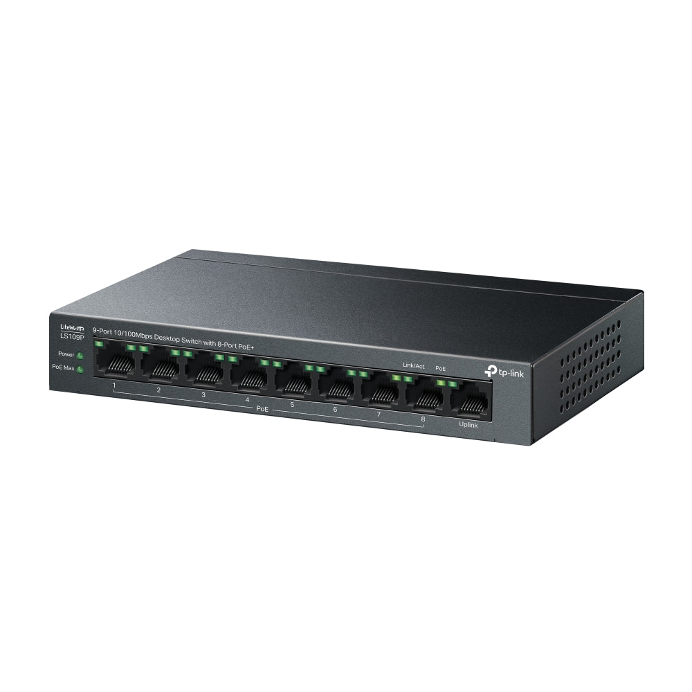 TP-Link LS109P 9-Port 10/100Mbps Desktop Ethernet Switch with 8-Port PoE+ Switch | 63W 250M with Extend Mode TP-Link LS109P 9-Port 10/100Mbps Desktop Ethernet Switch with 8-Port PoE+ Switch | 63W 250M with Extend Mode